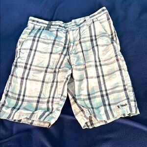 Kirra plaid shorts off white, dark gray stripes with light blue stripes.